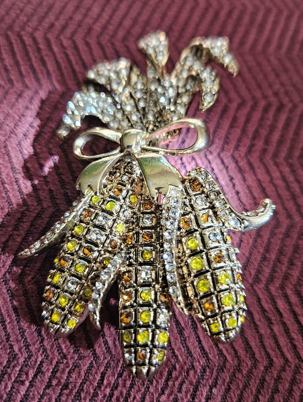Gold Tone Yellow, Green, And Brown Crystal Corn Stalk Brooch Pin NWOT